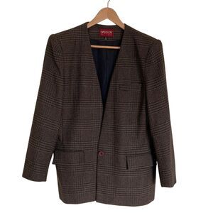 Vintage Sasson‎ Womens One Button Tweed Blazer Brown Black Size 16 Classic